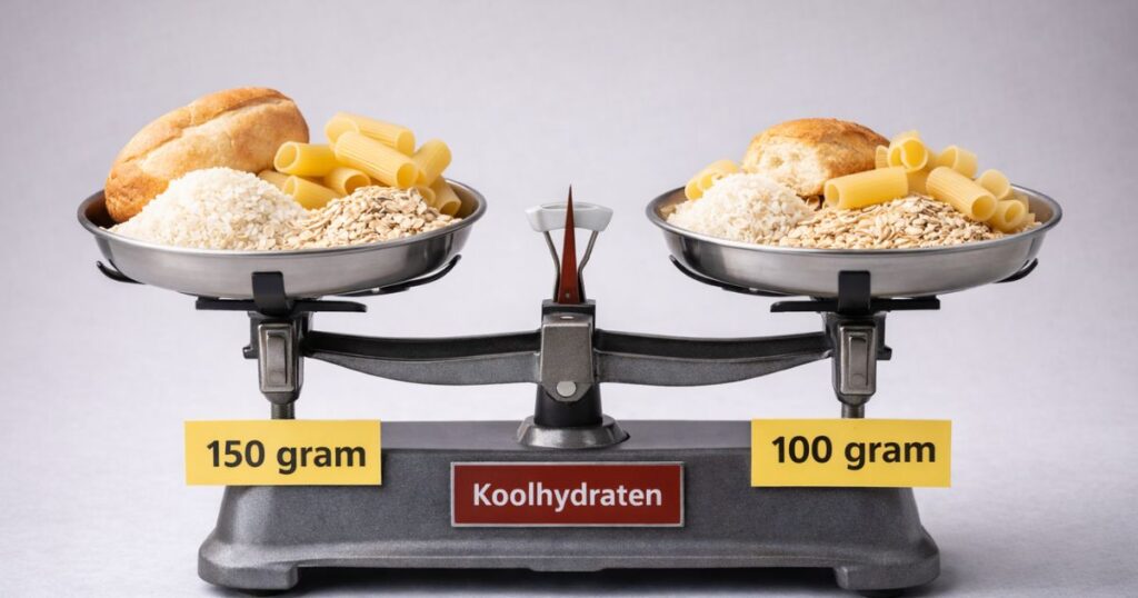 Een weegschaal met aan de ene kant 150 gram koolhydraten en aan de andere kant 100 gram koolhydraten.