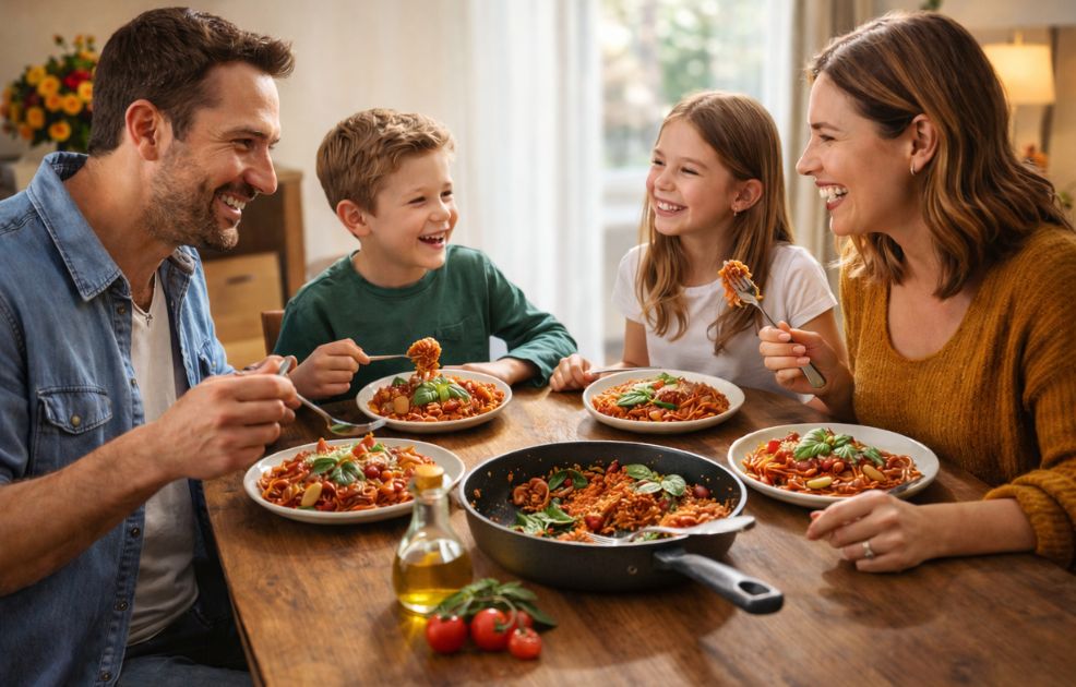 Gezin eet koolhydraatarme linzenpasta