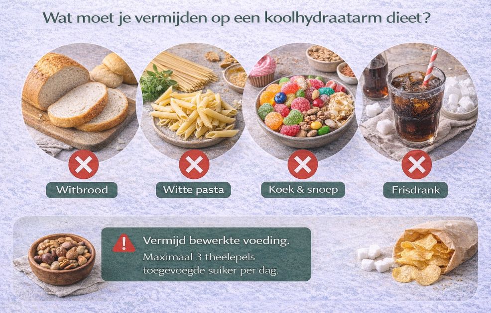 Koolhydraatarm dieet: wat te eten voor meer energie en minder gewicht in 2026 9 Wat moet je vermijden op een koolhydraatarm dieet? witbrood, witte pasta, koek & snoep en frisdrank.