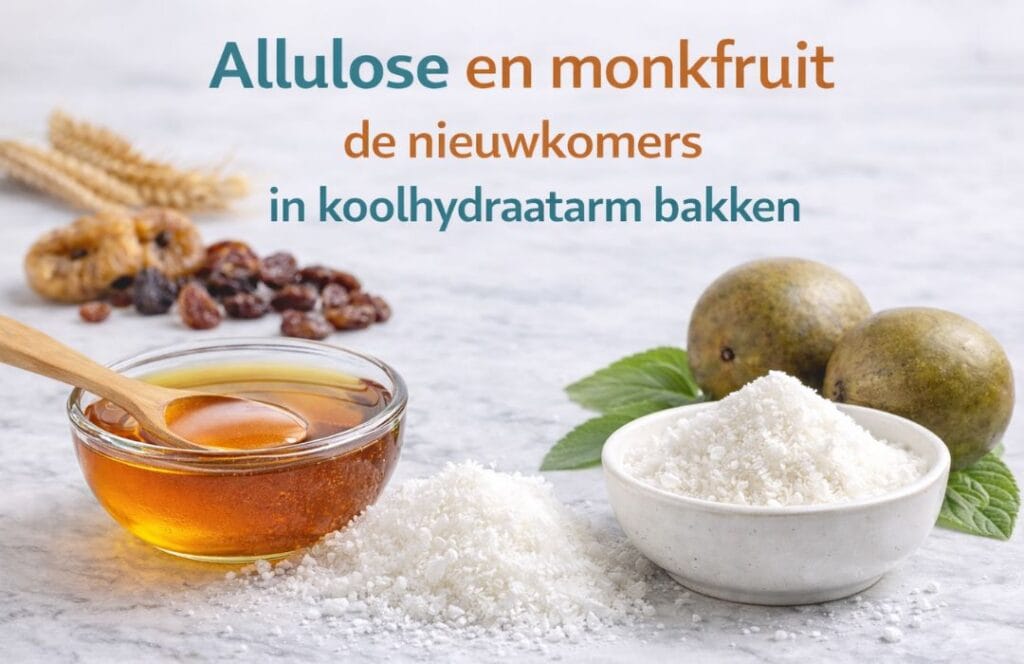 Allulose en monk fruit in een schaaltje naast een schaaltje eieren
