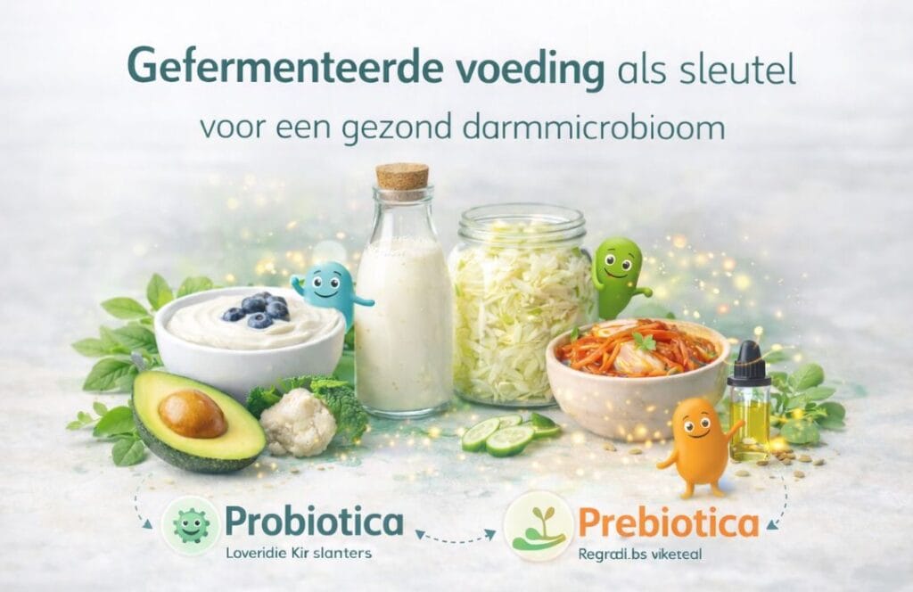 Een schaaltje yoghurt en kimchi, een fles kefir en een pot met zuurkool.