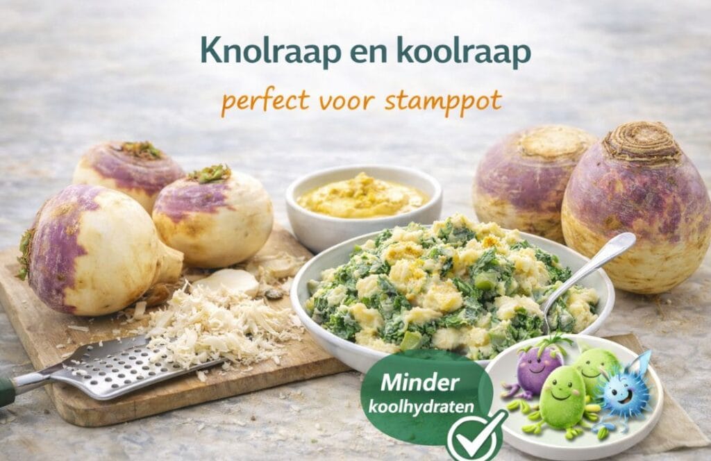 Knolraap en koolraap op een bord verwerkt in stamppot.