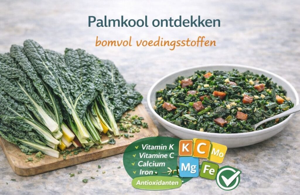 Palmkool rauw op een plank en verwerkt in een salade op een bord.
