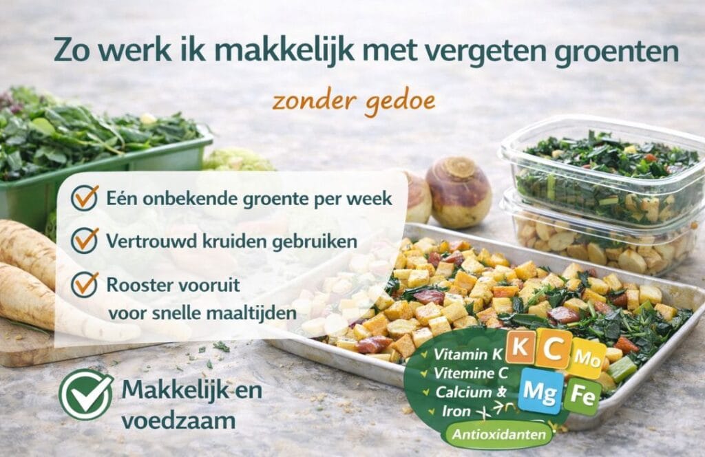 Vergeten groenten in bakjes op een bord, gesneden en ongesneden op een plank.